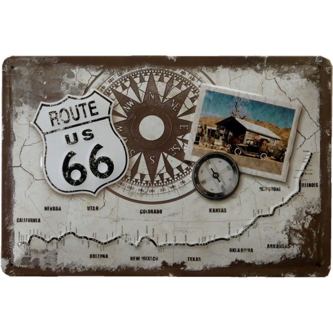 US Route 66 mit Kompass, Blechschild 20x30